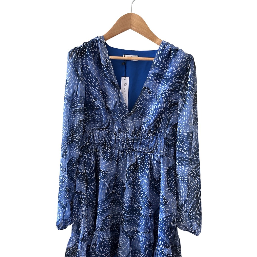 Koko + Me Blue Abstract Dot Print V-Neck Smocked Mini Dress Long Sleeve NWT - Picture 2 of 3